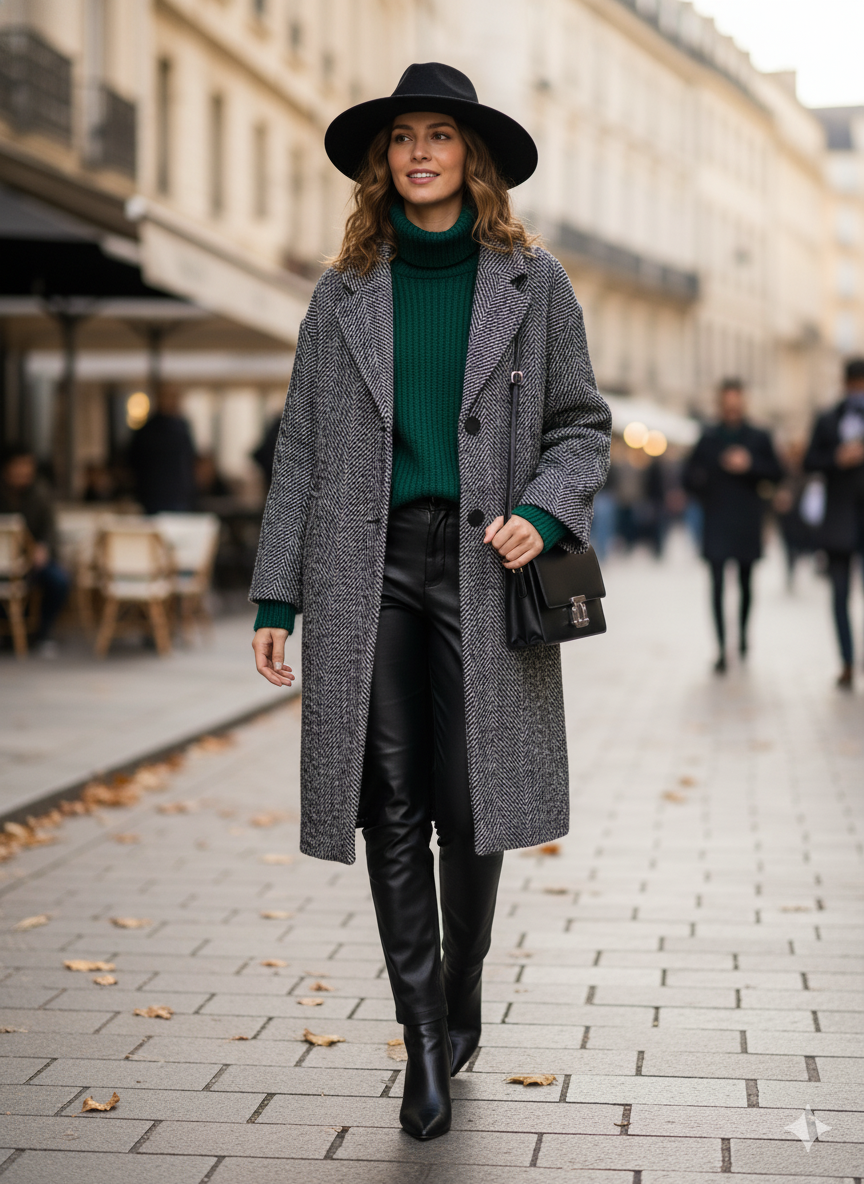 Autumn Mid-Length Houndstooth Coat